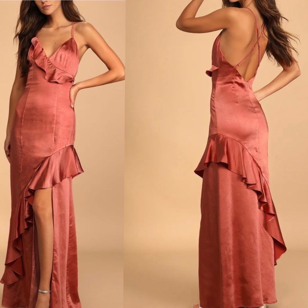 Lulus Lucky Lady Terra Cotta Satin Ruffled Maxi Dress
